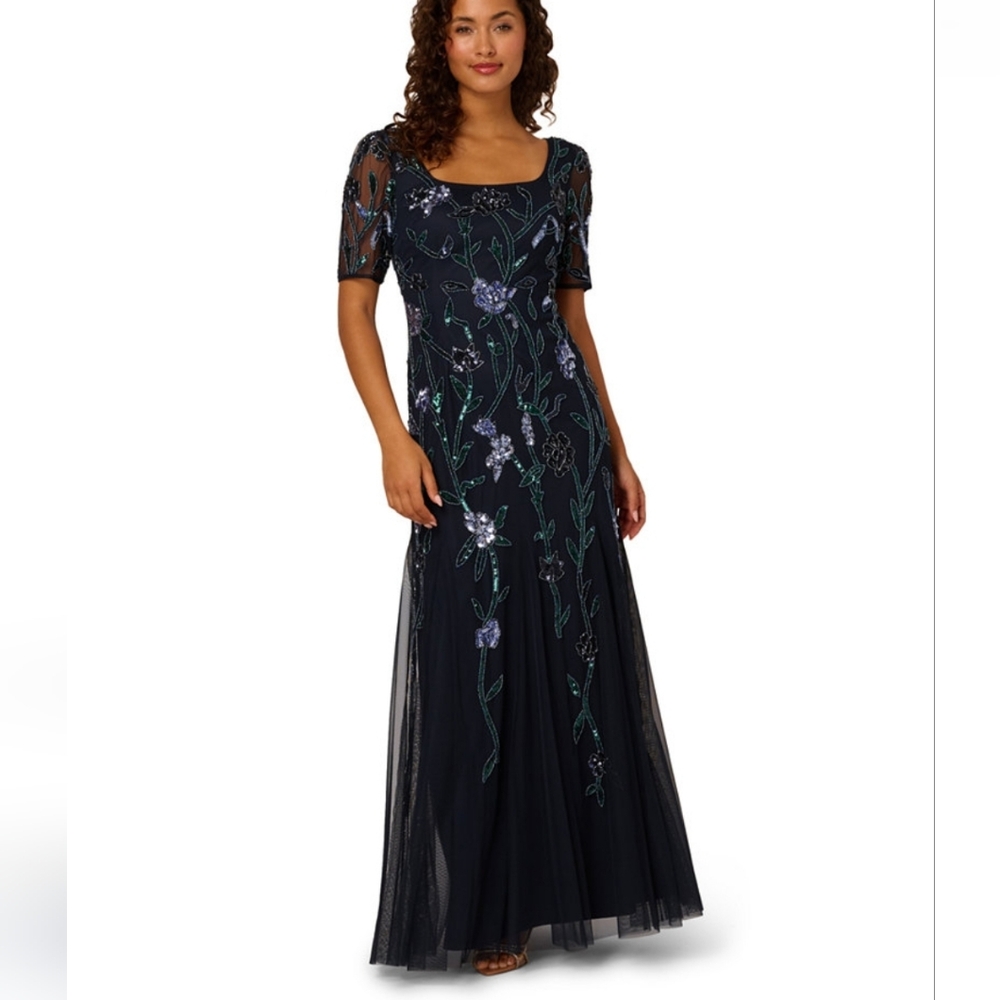 AdriannaPapell Women's SquareNeck Beaded Mesh Embroidered Evening Gown Dress 12P